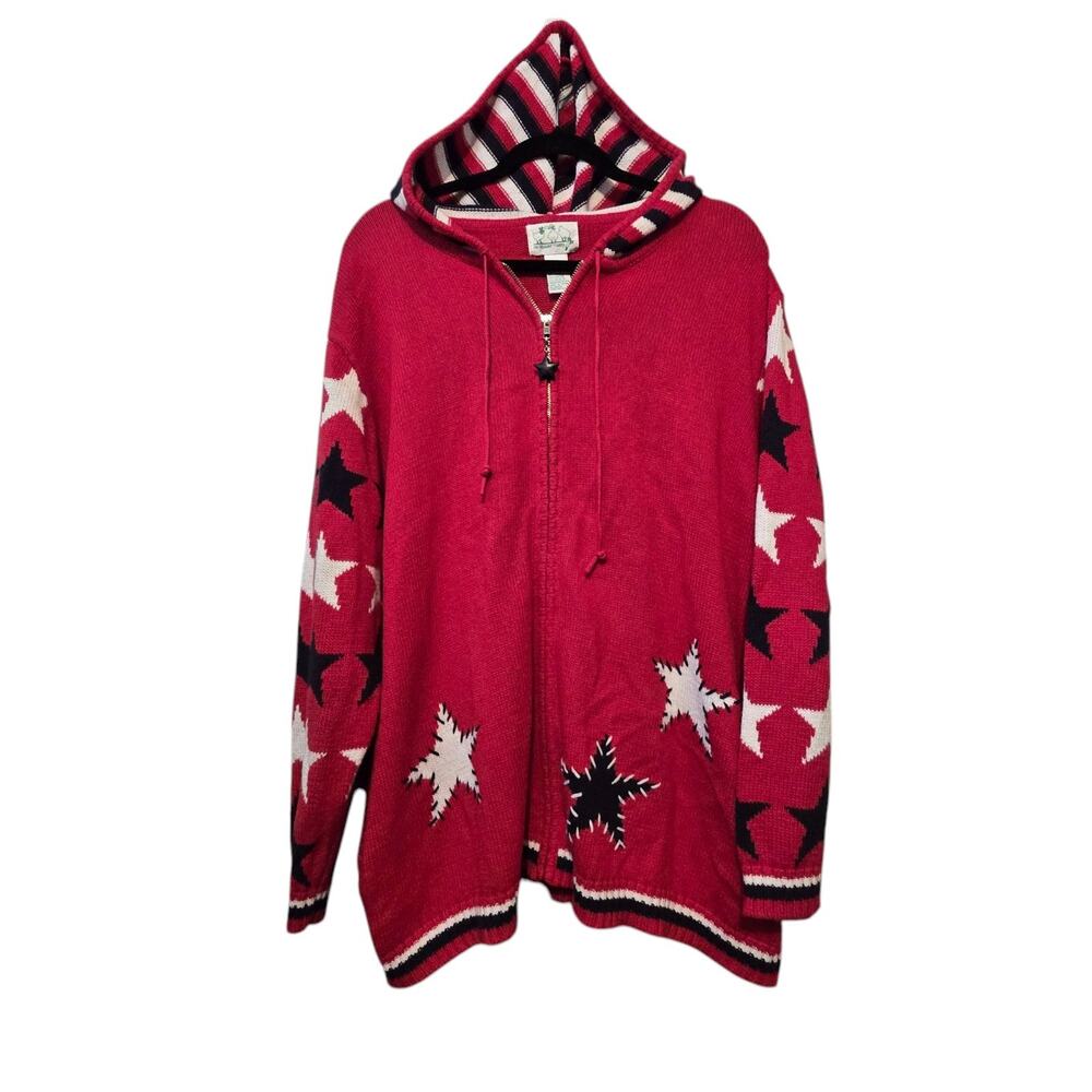 Quacker Factory Womens Patriotic Hood Knit Sweater 2X Red Stars Stripes July 4th